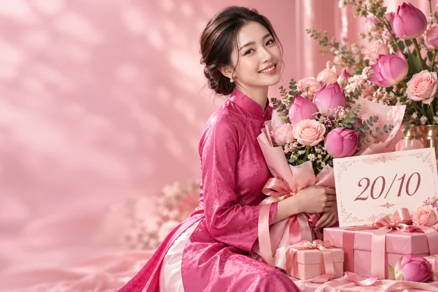 Chiến dịch 20/10: áo dài hồng, hoa và hộp quà bên thiệp Ngày Phụ nữ Việt Nam