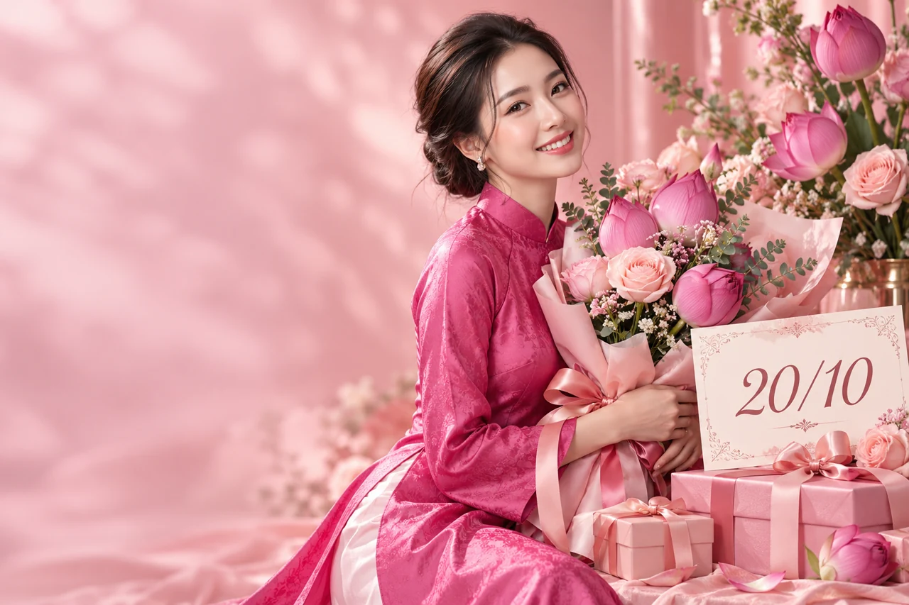 Chiến dịch 20/10: áo dài hồng, hoa và hộp quà bên thiệp Ngày Phụ nữ Việt Nam