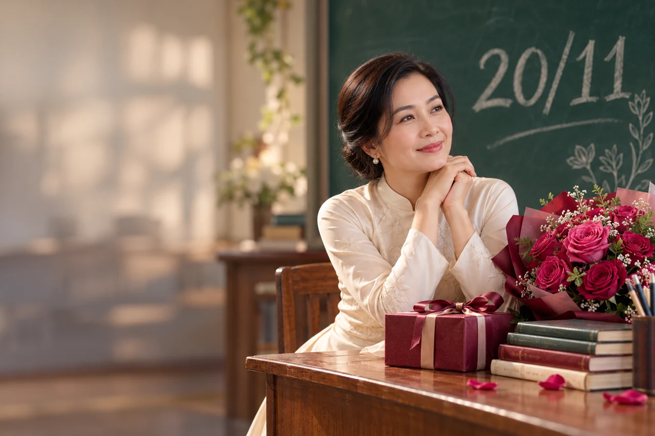 Chiến dịch 20/11: cô giáo mặc áo dài bên sách, hoa và quà, bảng viết ngày Nhà giáo Việt Nam