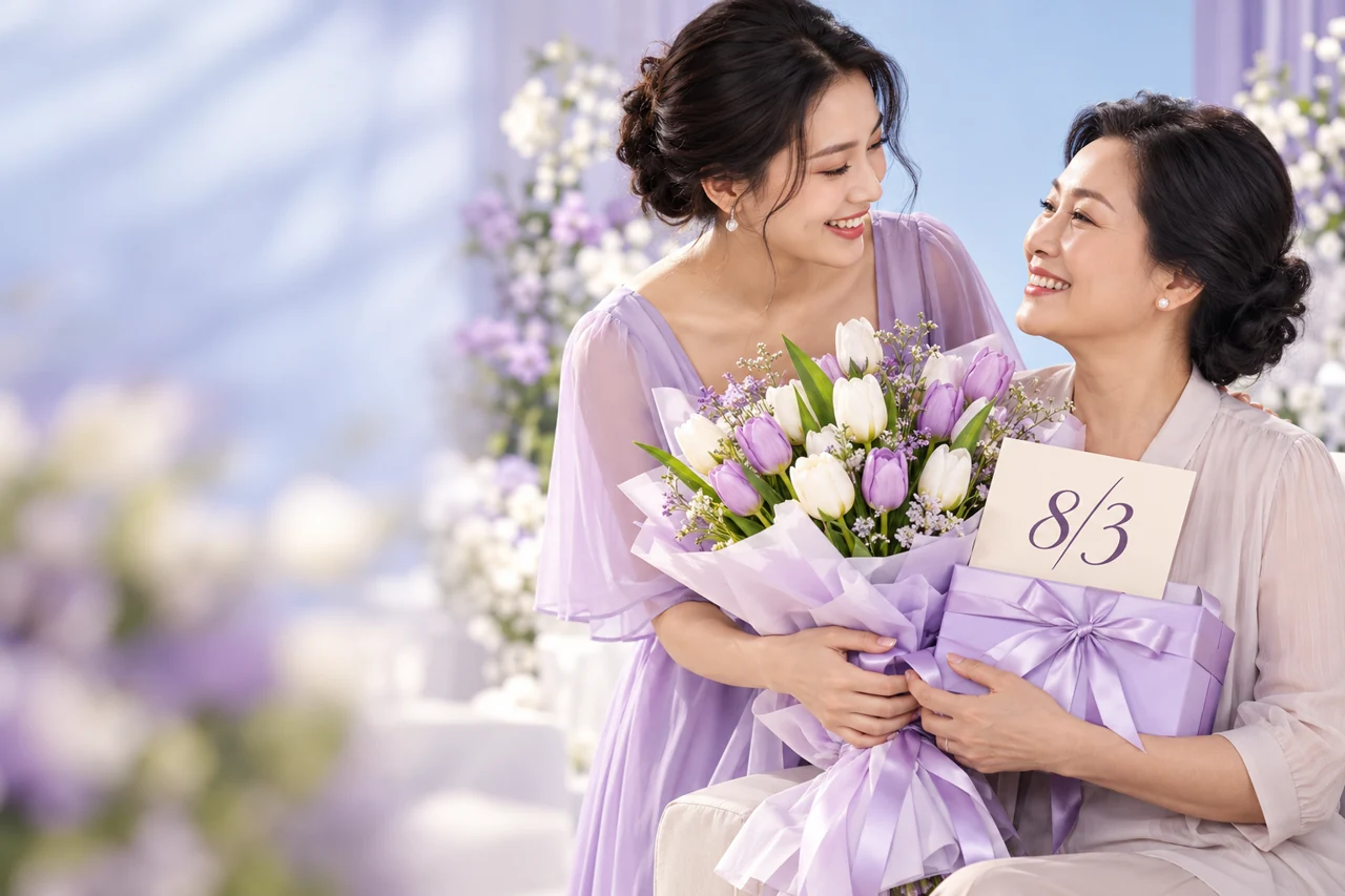 Chiến dịch 8/3: hai người phụ nữ trao hoa tulip và quà với thiệp Quốc tế Phụ nữ