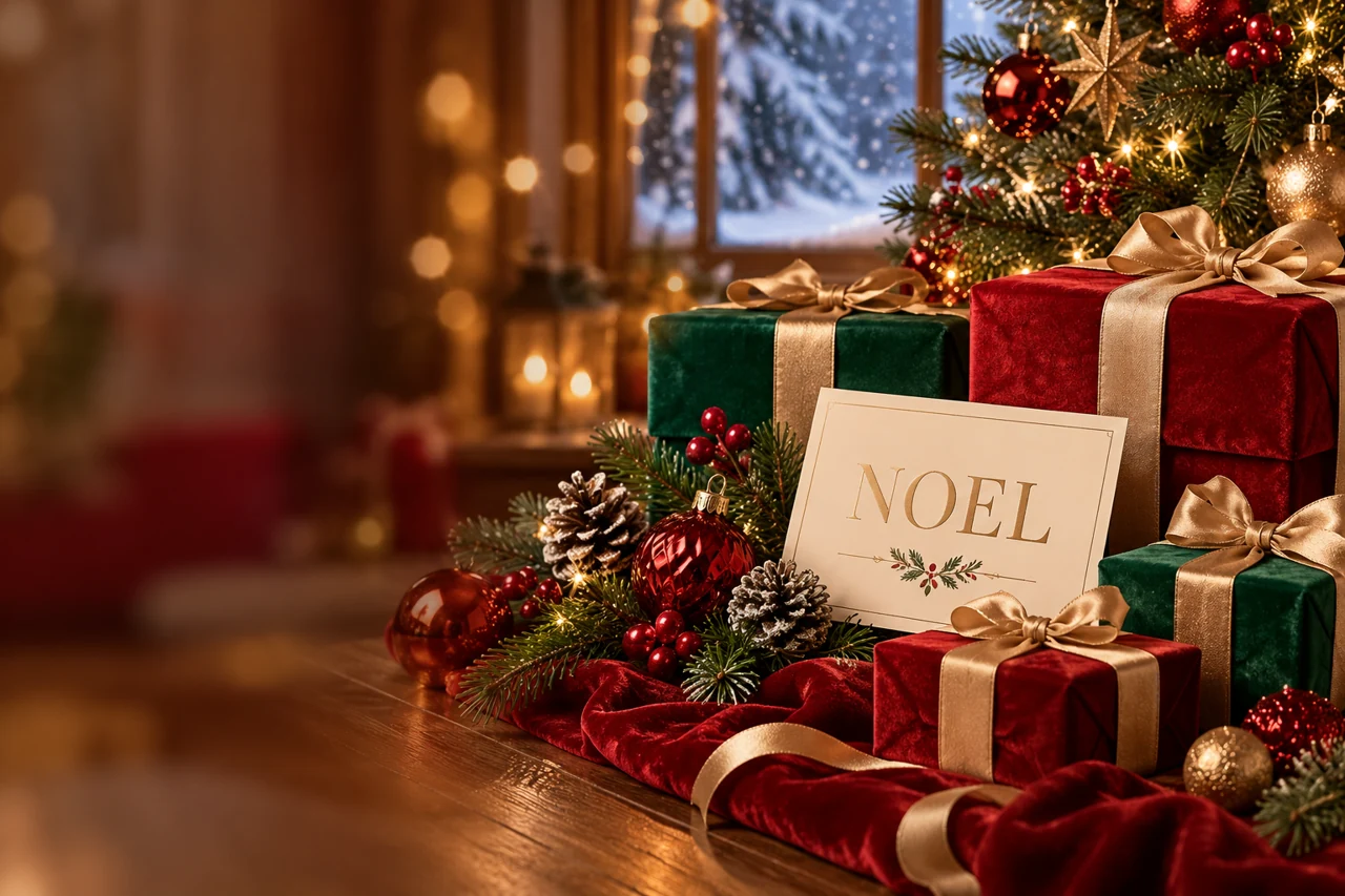 Chiến dịch Giáng sinh: cây thông, đèn vàng, hộp quà đỏ xanh và thiệp Noel