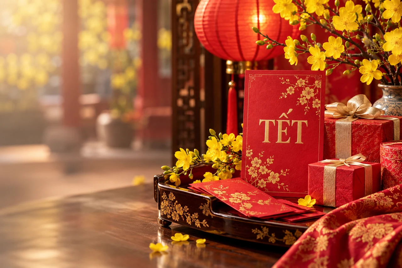 Chiến dịch Tết Việt: hoa mai vàng, lì xì, đèn lồng đỏ và hộp quà trên khay sơn mài